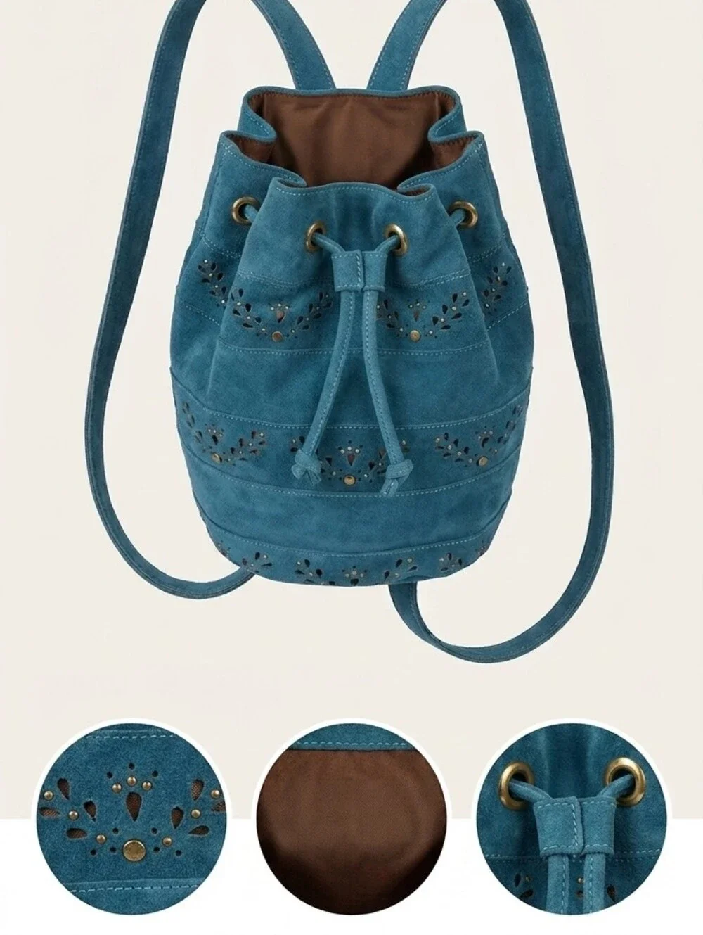 Genuine Leather Teal Suede Drawstring Backpack Tote Bag Made In Irland